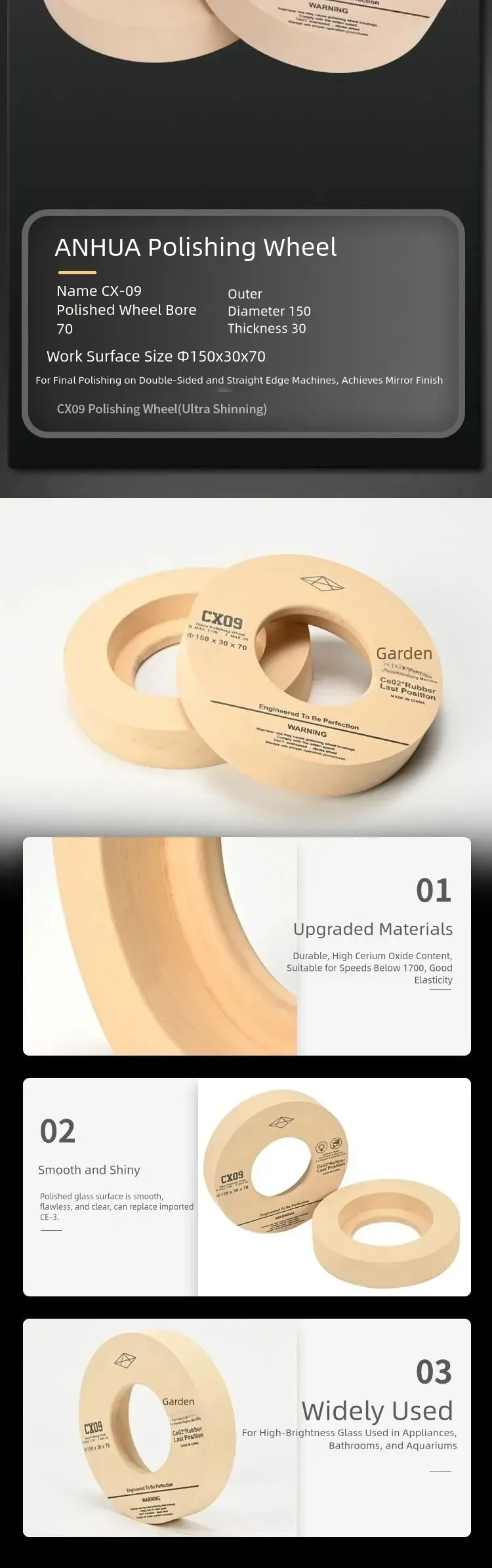 CX09 Fine Glass Polishing Wheel for Double-Edging Machines product detail 3: material, dimensions and drilling application
