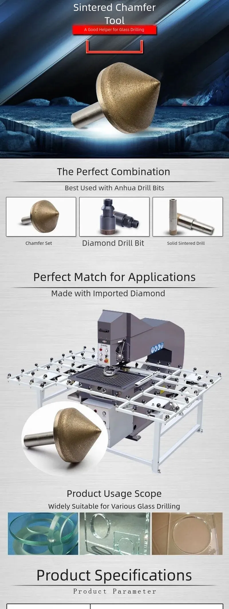 Diamond Glass Hole Chamfer Bit and Conical Countersink Tool product detail 1: material, dimensions and drilling application