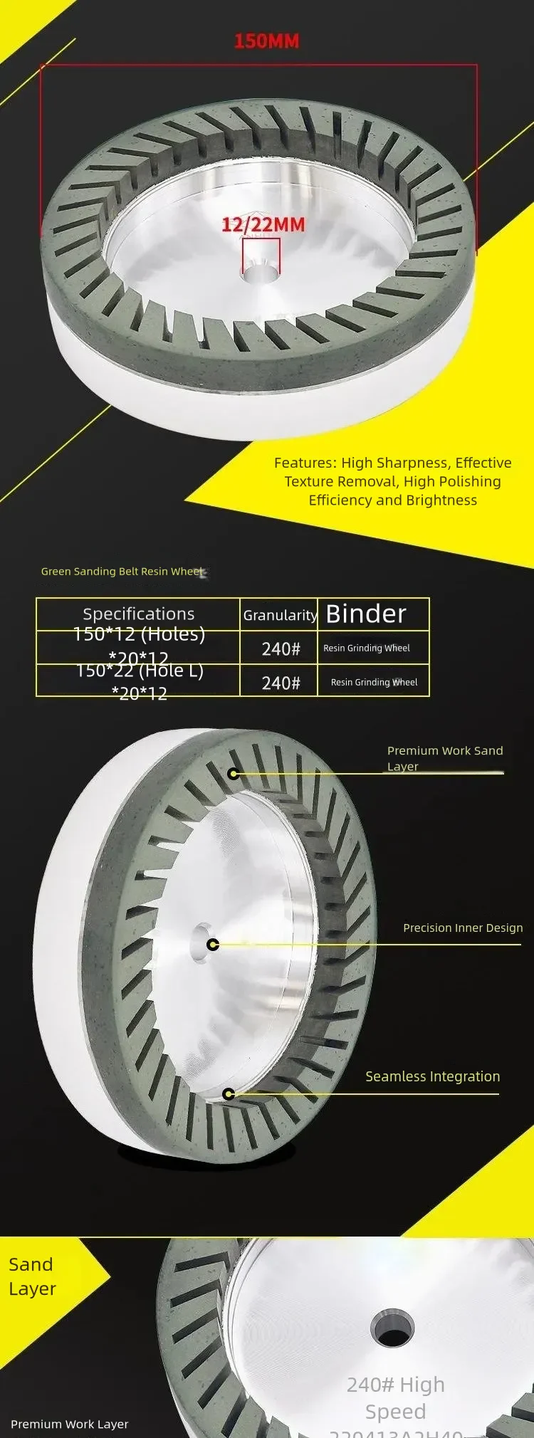 Green Toothed Resin Wheel for High-Speed Glass Double Edgers product detail 2: material, dimensions and drilling application