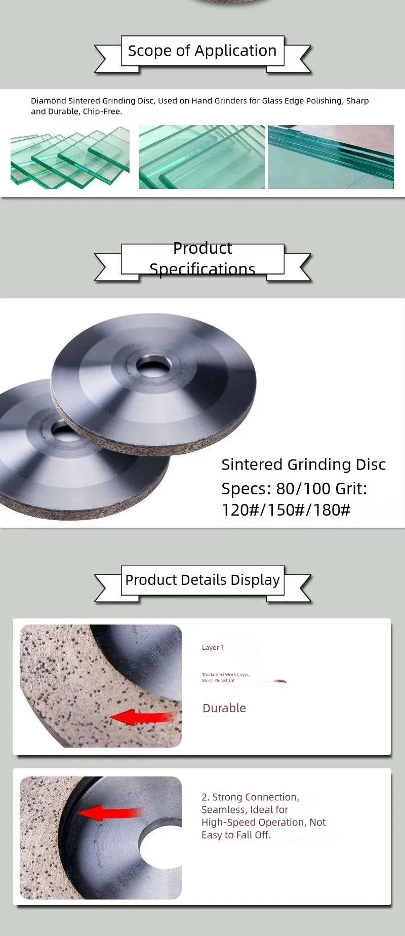 Sintered Diamond Grinding Disc for Manual Glass Edge Grinding product detail 2: material, dimensions and drilling application