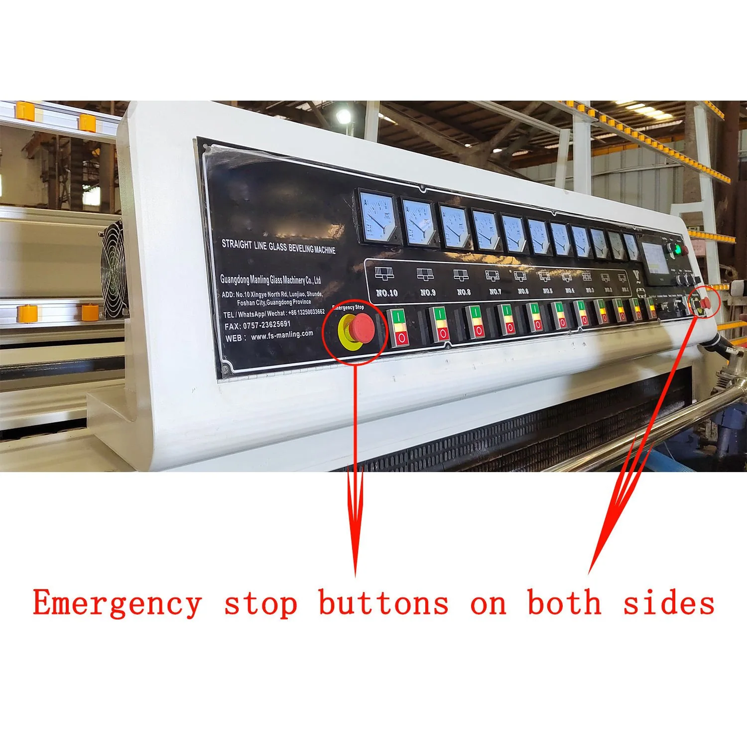 유리 면취기용 휠 솔루션 Glass beveling machine control panel with emergency stop controls